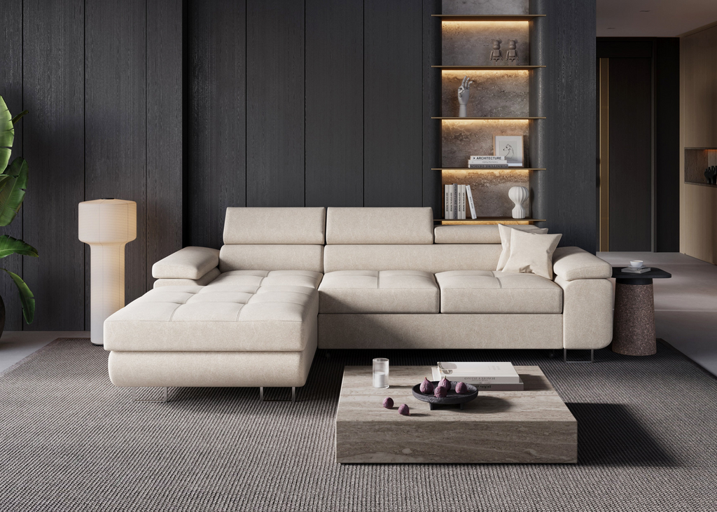 Ecksofa Volare L – formschön mit Schlaffunktion und Bettkasten. Castel (hell)