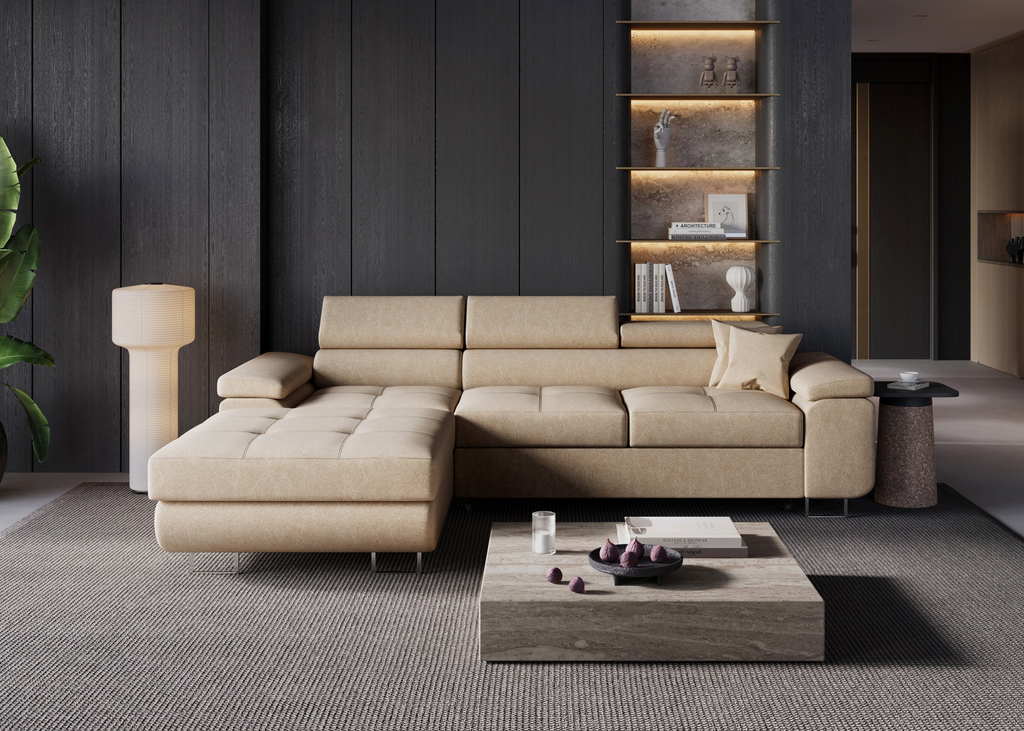 Ecksofa Volare L – formschön mit Schlaffunktion und Bettkasten. Castel (hell)