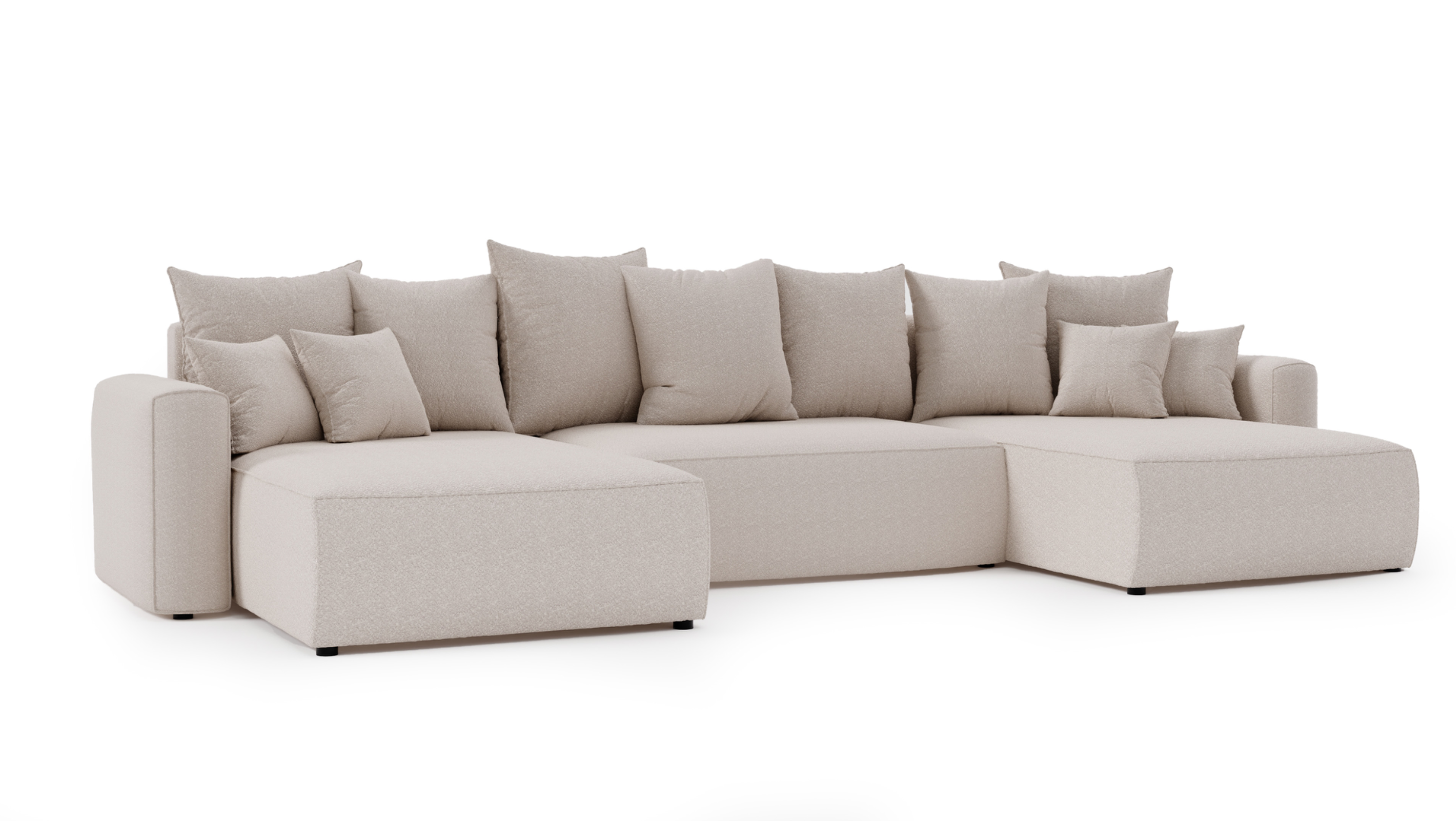 Ecksofa Montivo U-Form - mit Schlaffunktion und Bettkasten, Bezug aus Bouclé-Stoff.