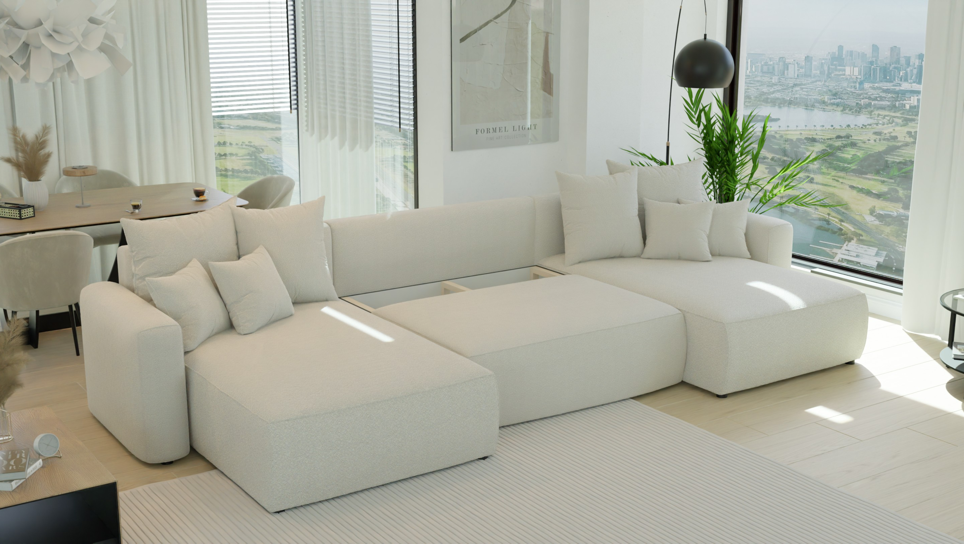 Ecksofa Montivo U-Form - mit Schlaffunktion und Bettkasten, Bezug aus Bouclé-Stoff.