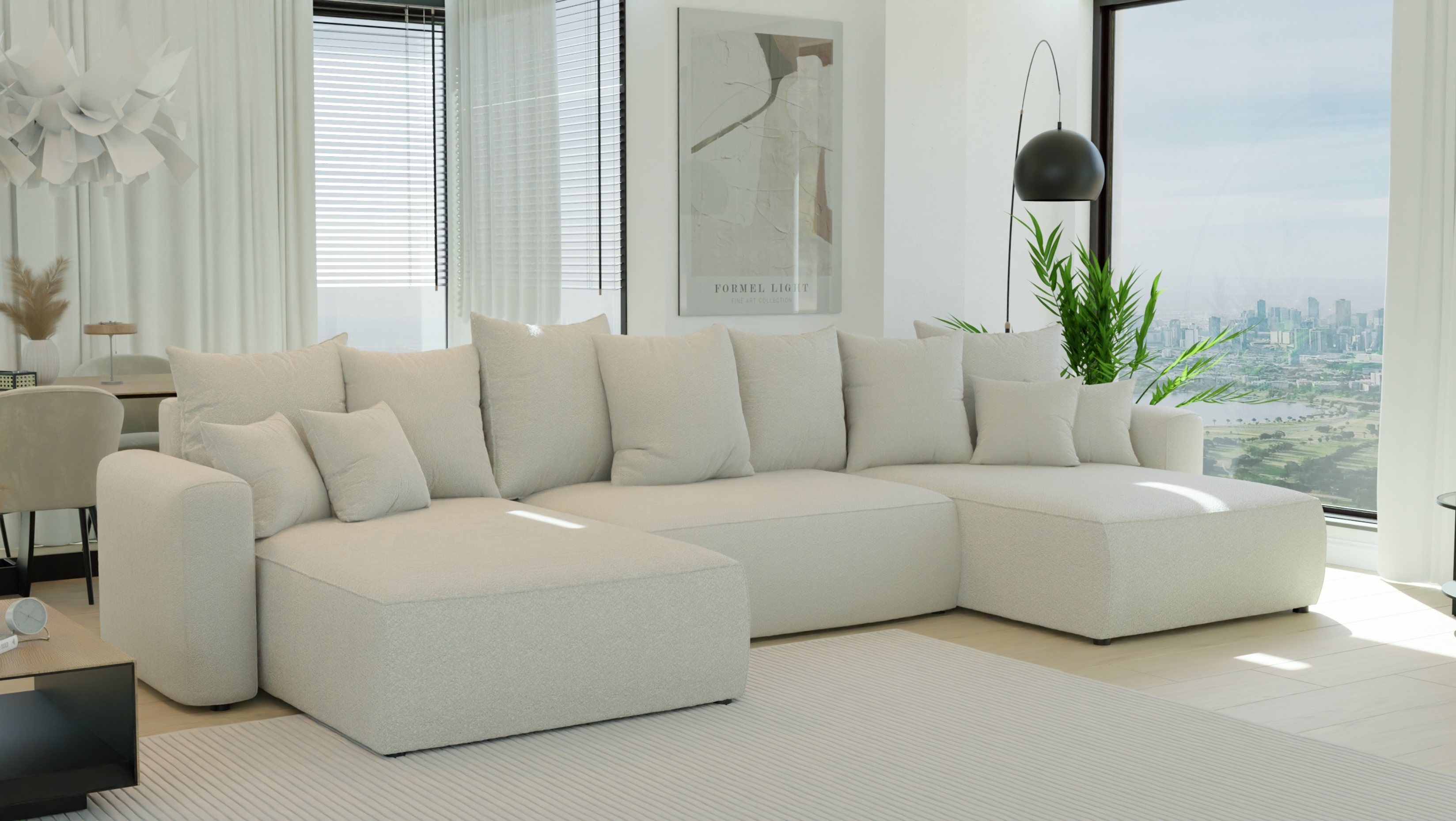 Ecksofa Montivo U-Form - mit Schlaffunktion und Bettkasten, Bezug aus Bouclé-Stoff.