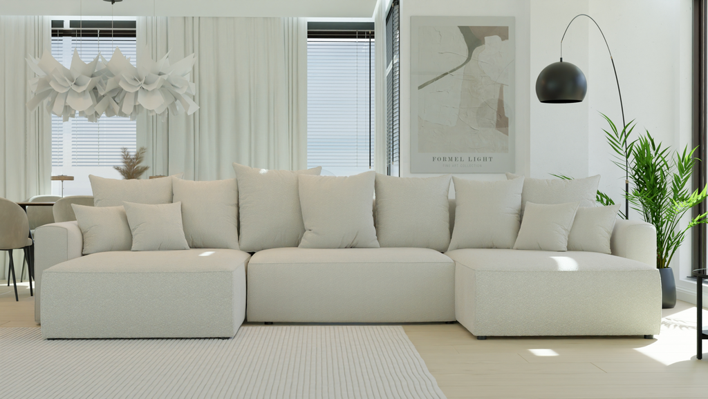 Ecksofa Montivo U-Form - mit Schlaffunktion und Bettkasten, Bezug aus Bouclé-Stoff.