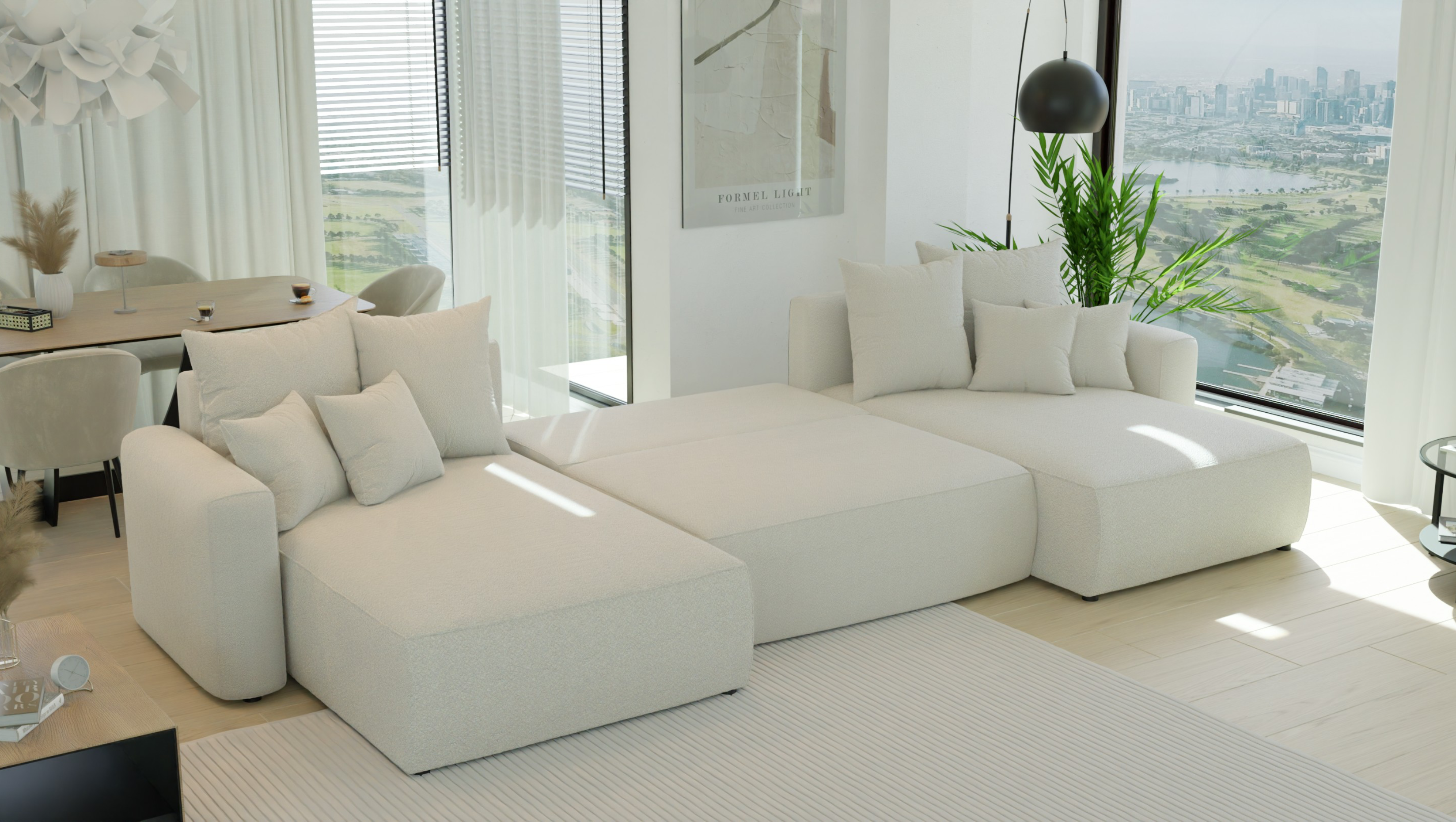 Ecksofa Montivo U-Form - mit Schlaffunktion und Bettkasten, Bezug aus Bouclé-Stoff.