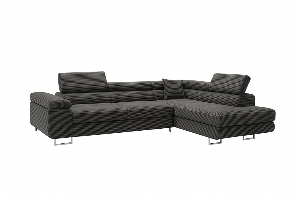 Ecksofa mit Schlaffunktion Nolio, L-förmig, mit Bettkasten, verstellbare Kopfstützen, Cordstoff.