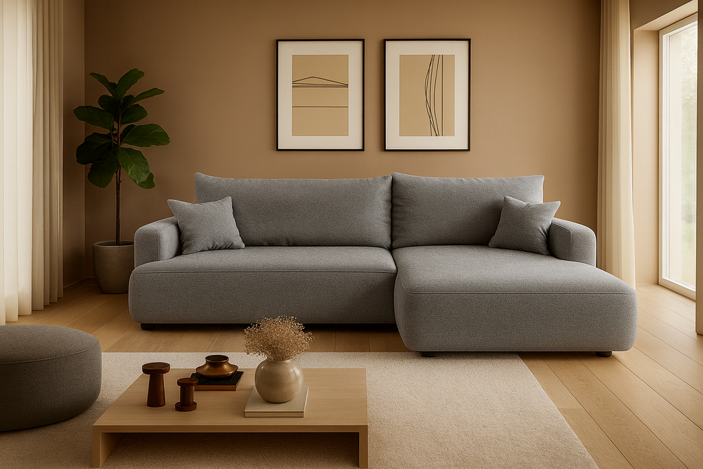 Ottimo L Ecksofa - mit Bettkasten, Schlaffunktion, Stoffbezug in Beige-Velours.