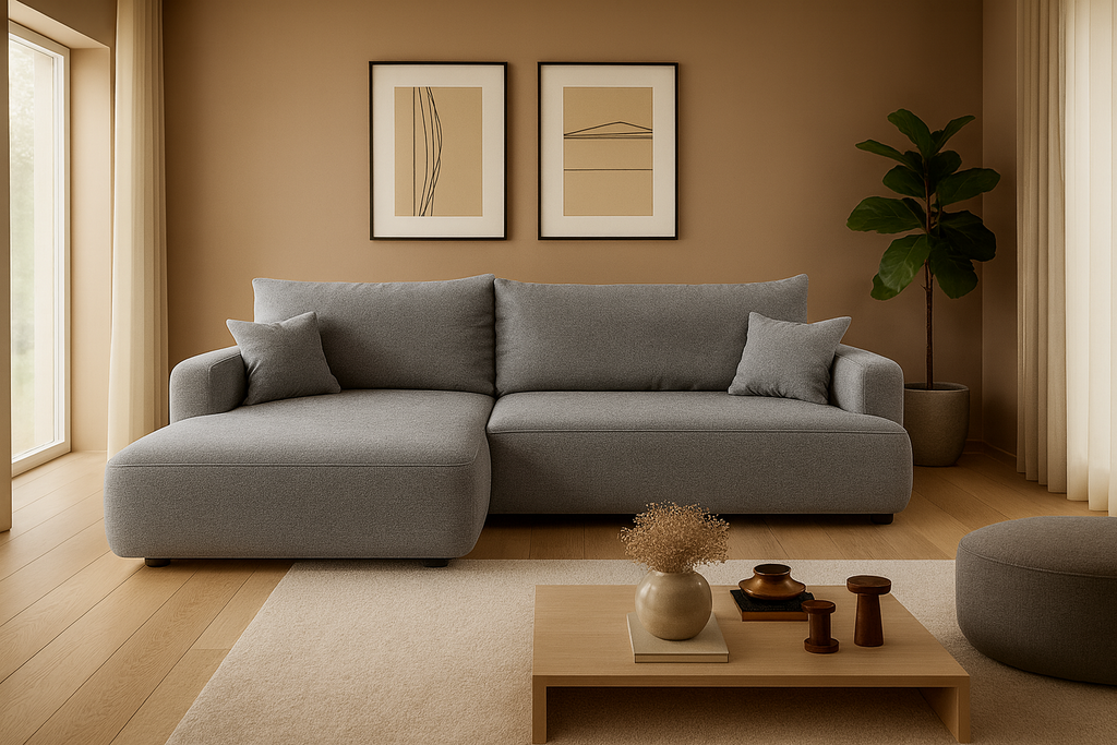 Ottimo L Ecksofa - mit Bettkasten, Schlaffunktion, Stoffbezug in Beige-Velours.