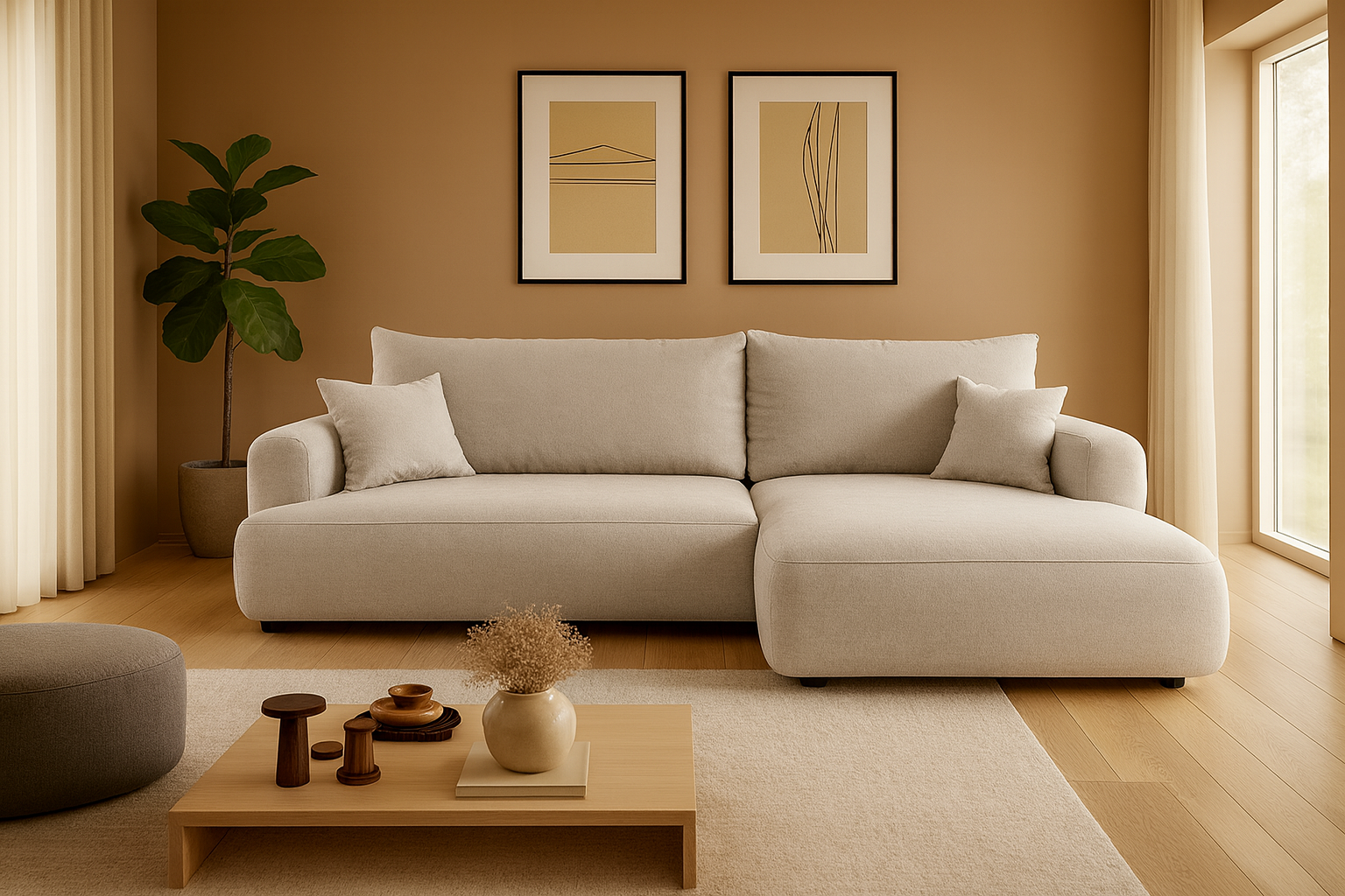 Ottimo L Ecksofa - mit Bettkasten, Schlaffunktion, Stoffbezug in Beige-Velours.