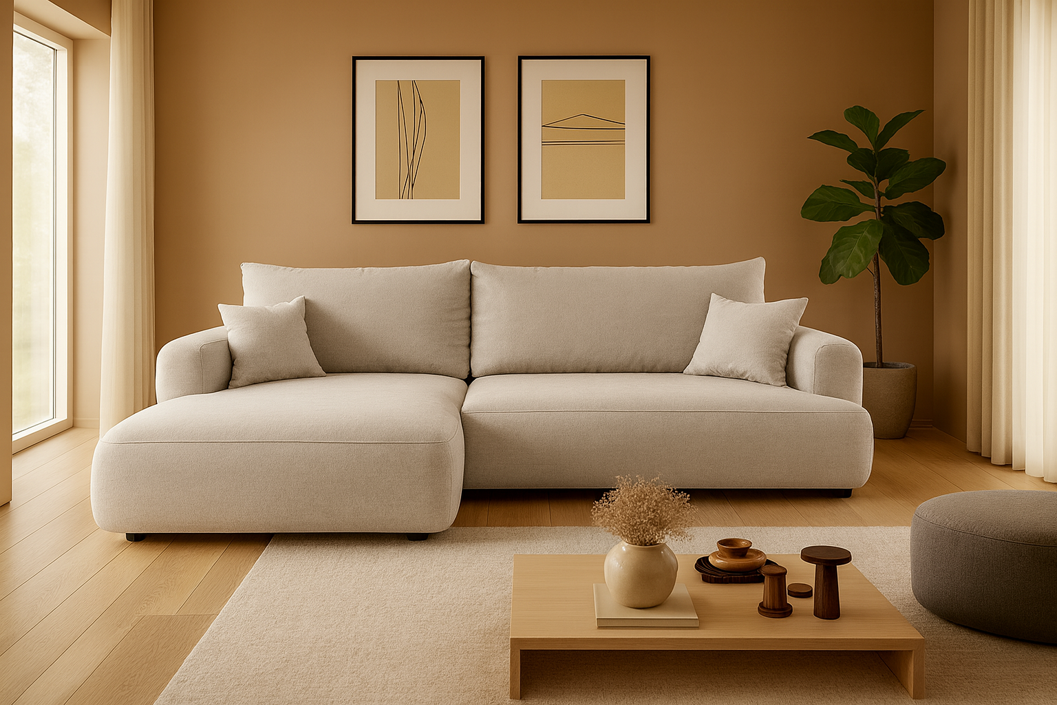Ottimo L Ecksofa - mit Bettkasten, Schlaffunktion, Stoffbezug in Beige-Velours.