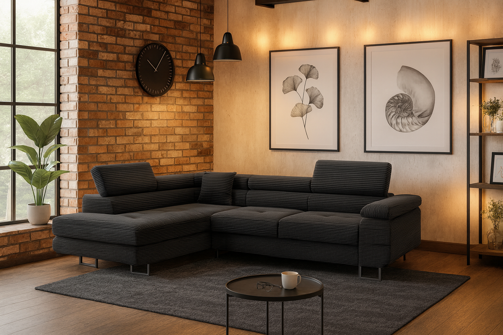 Ecksofa mit Schlaffunktion Nolio, L-förmig, mit Bettkasten, verstellbare Kopfstützen, Cordstoff.