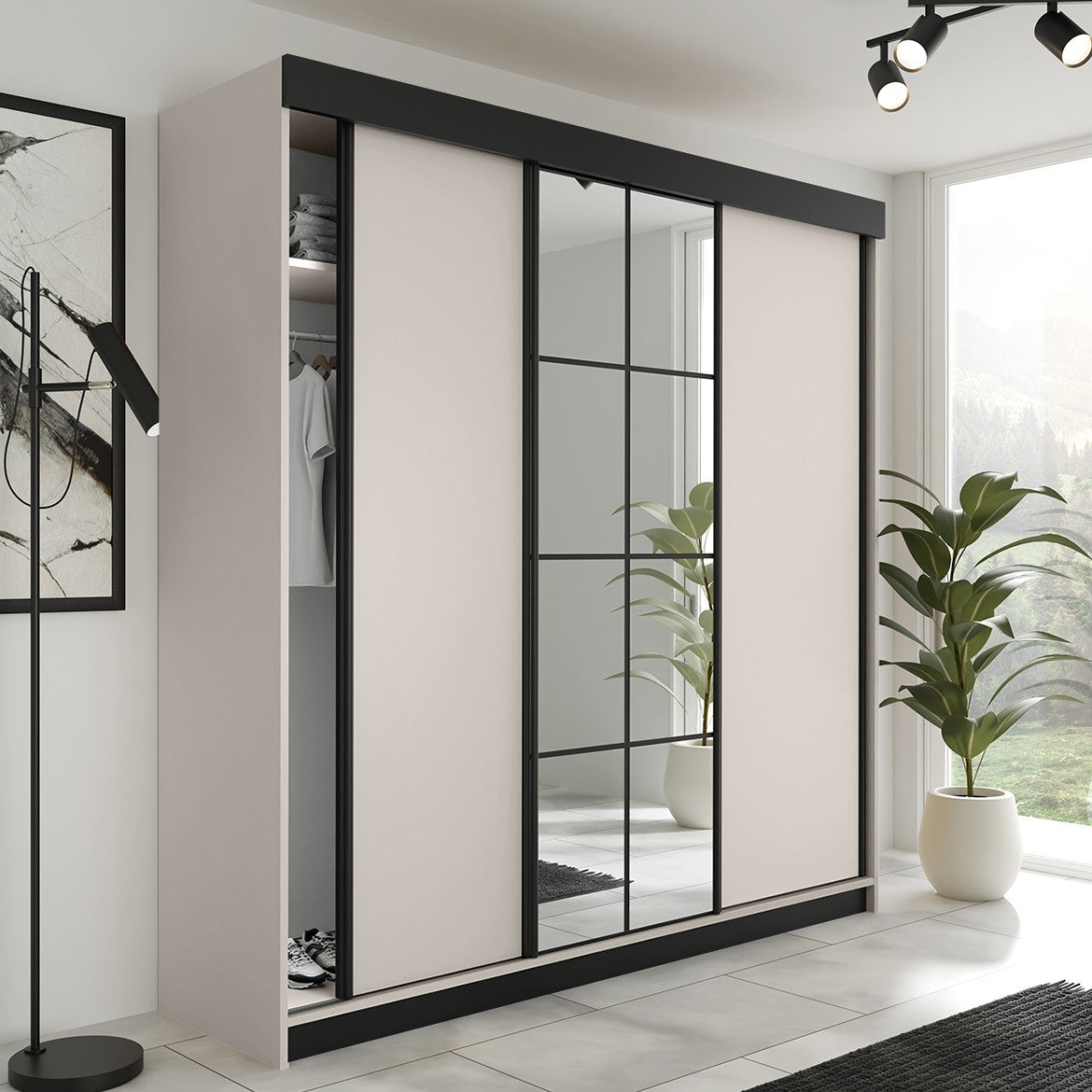 Kleiderschrank LAMARO 250, Spiegel, 4 Farben, 250 cm. Farbe: Weiß; Maße: 250 x 205 x 59 cm