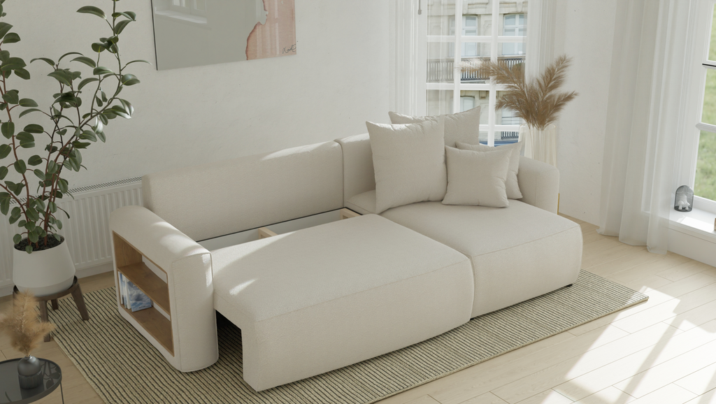 Tivano L-förmiges Ecksofa – Schlaffunktion, Bettkasten, seitliches Regal, Bouclé-Stoff