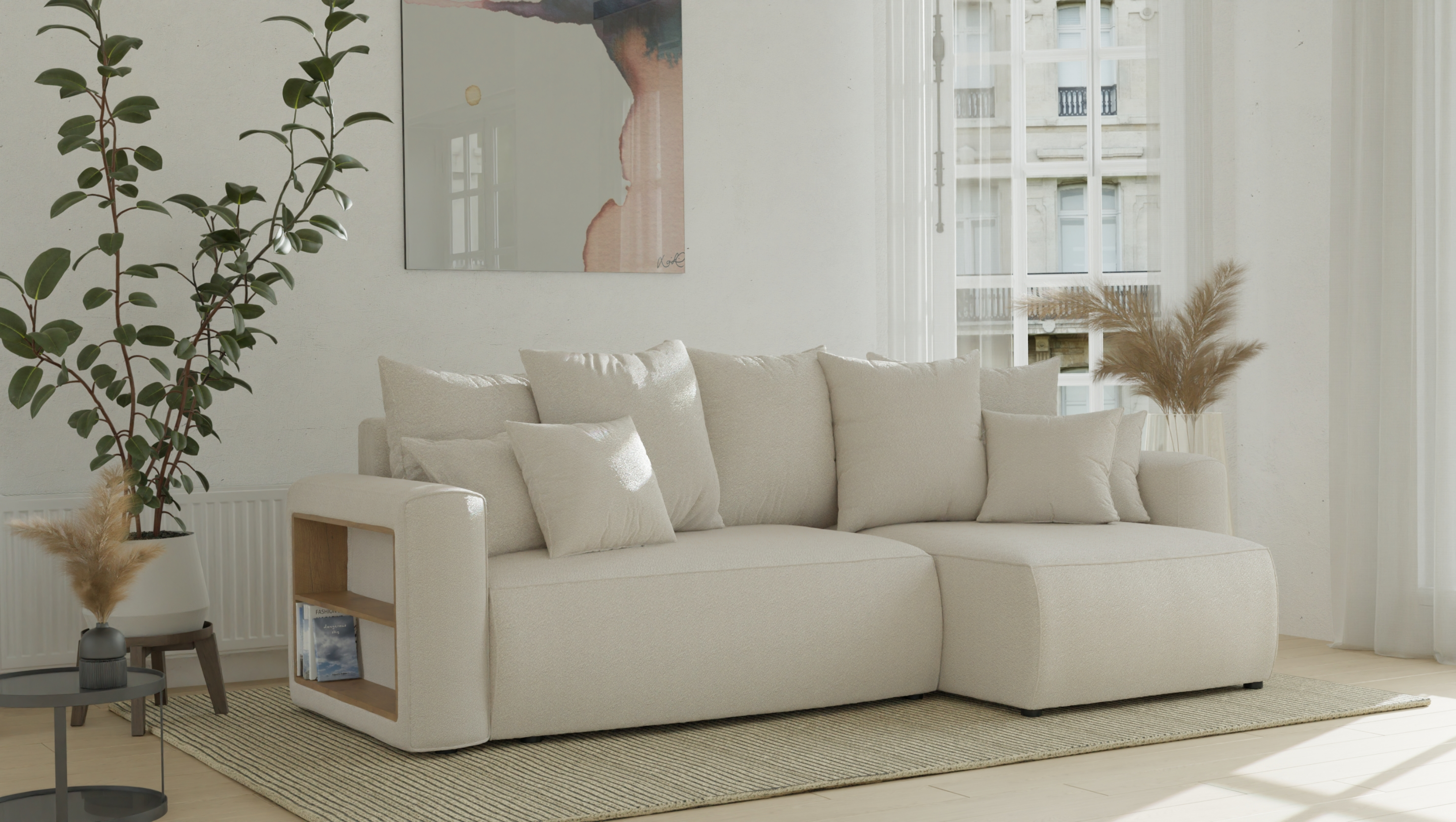 Tivano L-förmiges Ecksofa – Schlaffunktion, Bettkasten, seitliches Regal, Bouclé-Stoff