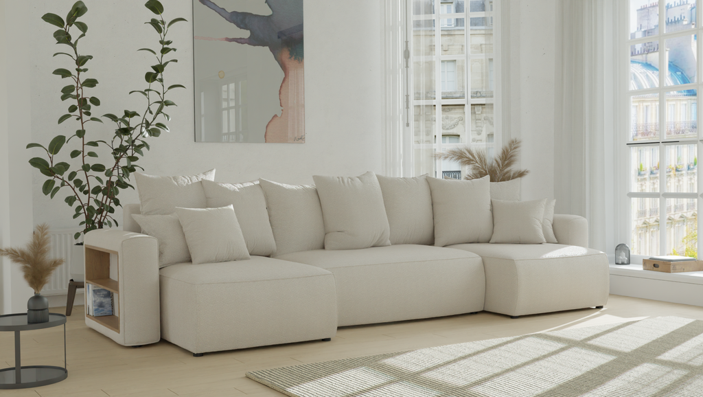 Tivano Ecksofa in U-Form – mit Schlaffunktion, Bettkasten und Bouclé-Bezug.