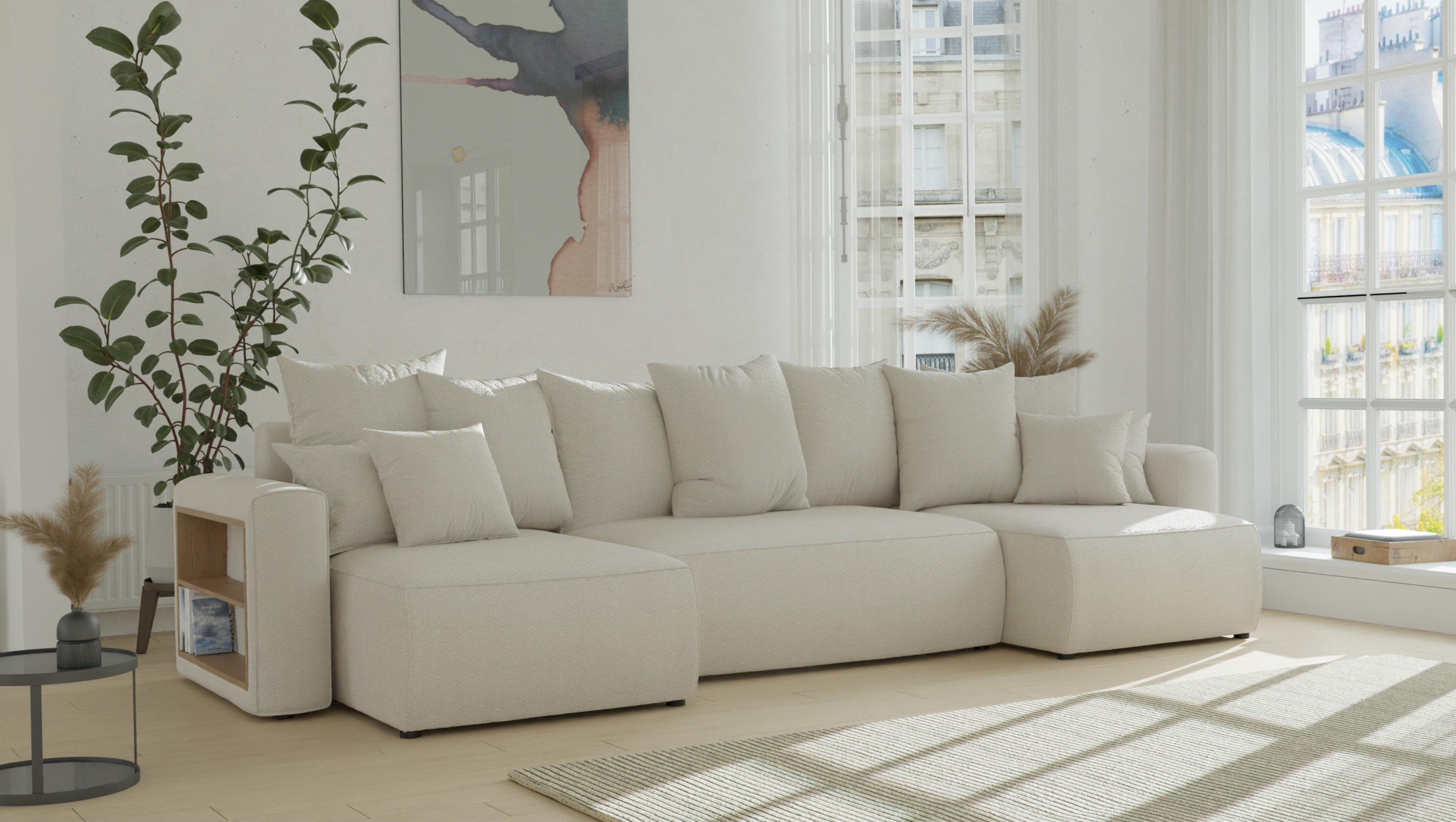 Tivano Ecksofa in U-Form – mit Schlaffunktion, Bettkasten und Bouclé-Bezug.