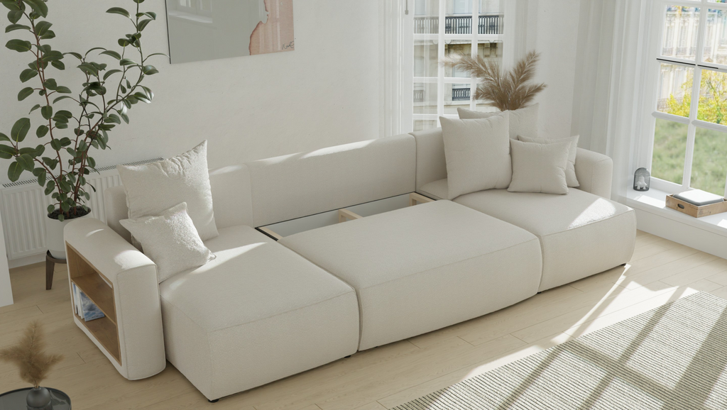 Tivano Ecksofa in U-Form – mit Schlaffunktion, Bettkasten und Bouclé-Bezug.