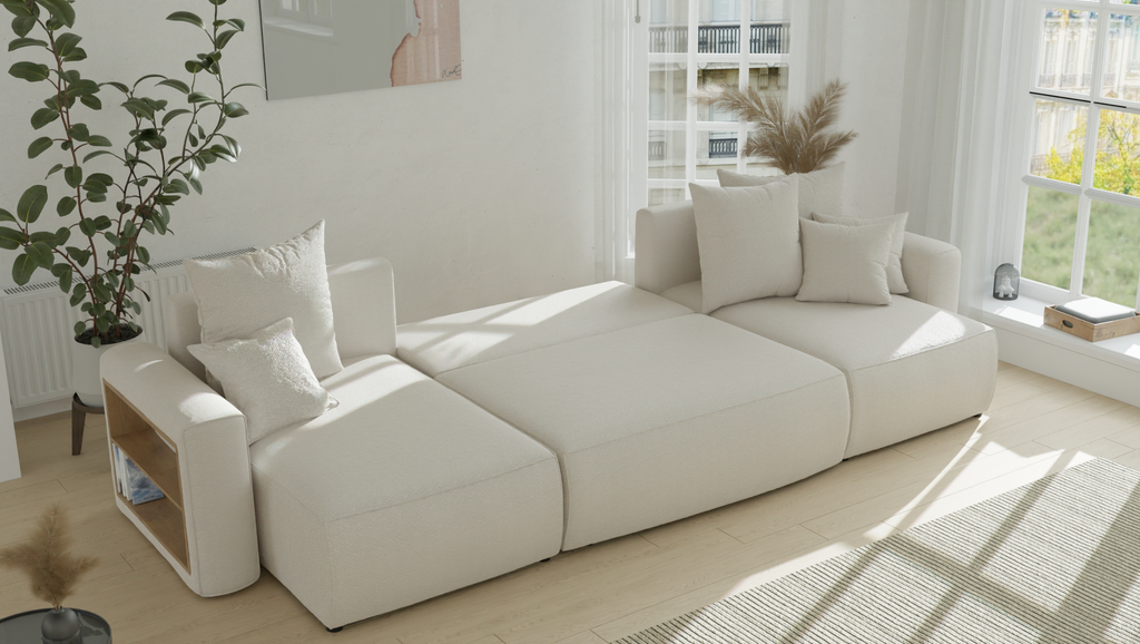 Tivano Ecksofa in U-Form – mit Schlaffunktion, Bettkasten und Bouclé-Bezug.