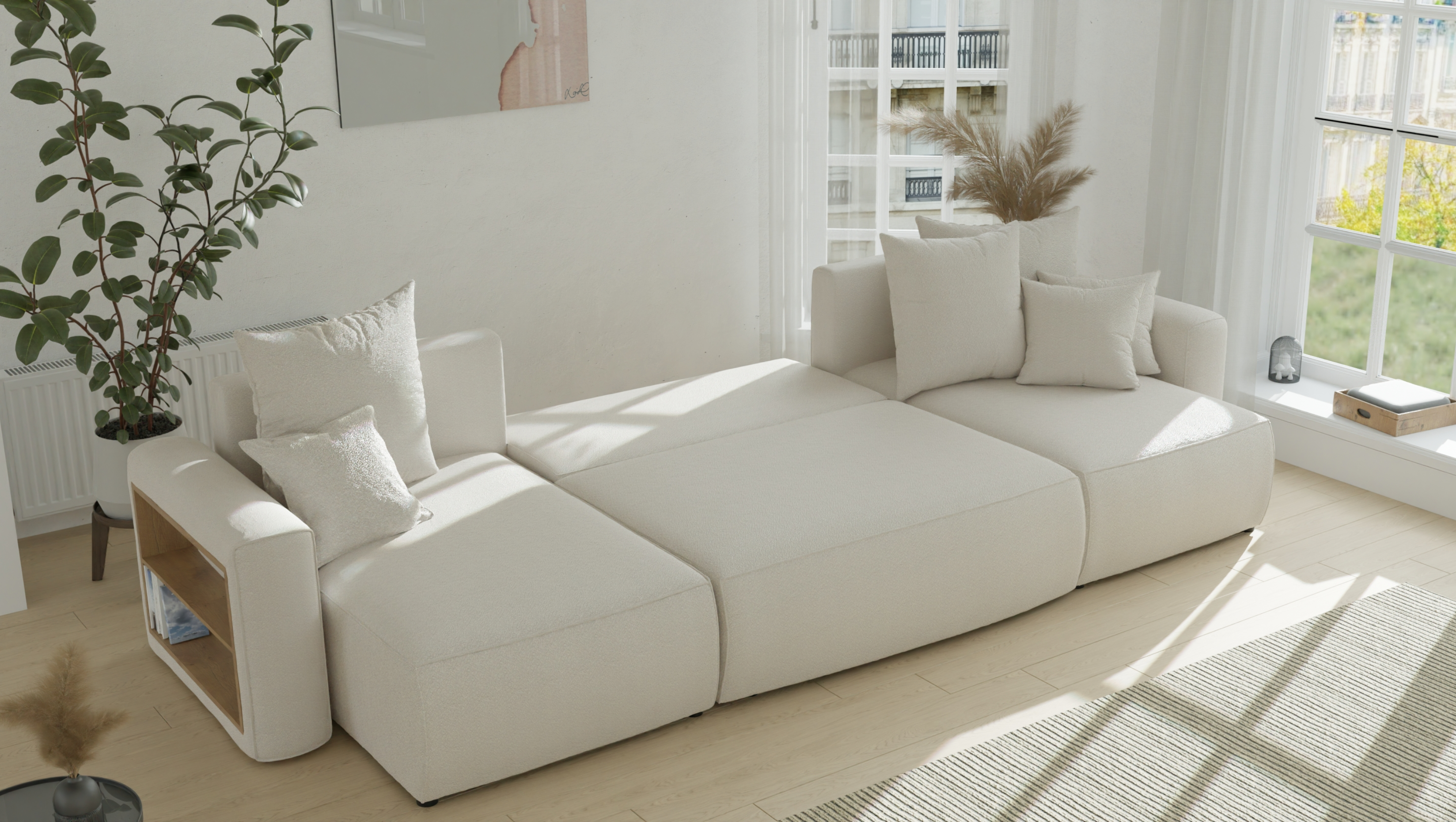 Tivano Ecksofa in U-Form – mit Schlaffunktion, Bettkasten und Bouclé-Bezug.