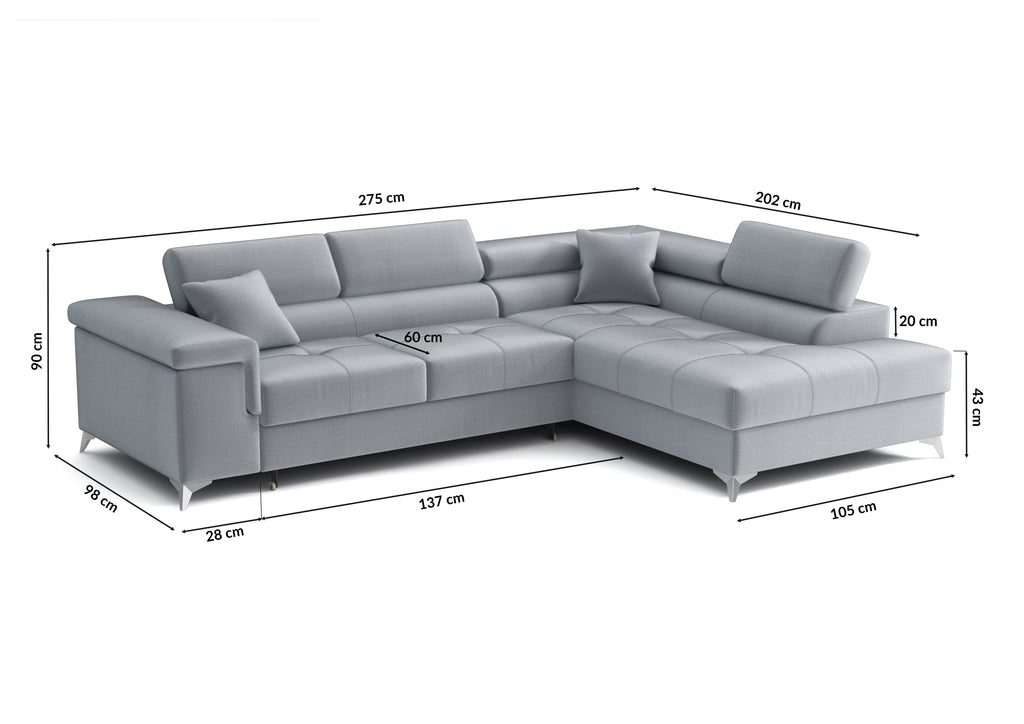 Striato Ecksofa – L-förmig mit Schlaffunktion und Bettkasten, verstellbaren Kopfstützen, Monolith-Stoff
