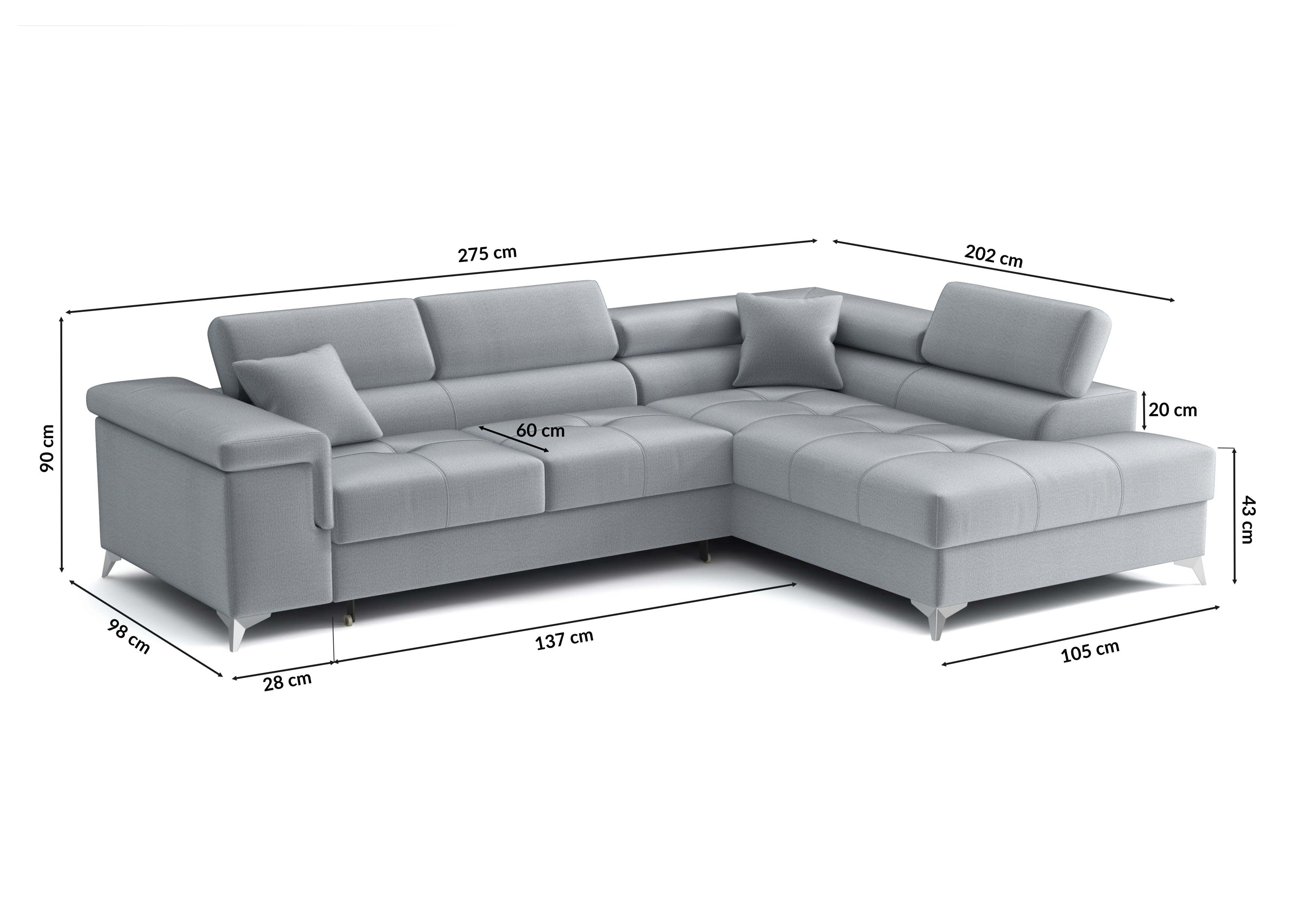 Narożnik Striato - L kształtny z funkcją spania i pojemnikiem na pościel regulowane zagłówki tkanina Monolith